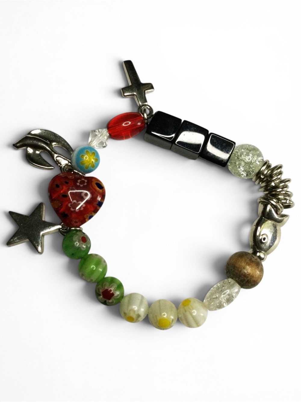Vtg Artisan Christmas Stretch Bracelet – Mixed Beads with Star Cross Dove Charms - Picture 6 of 16
